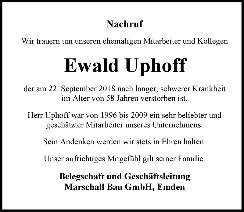  Traueranzeige für Ewald Uphoff vom 27.09.2018 aus Emder Zeitung