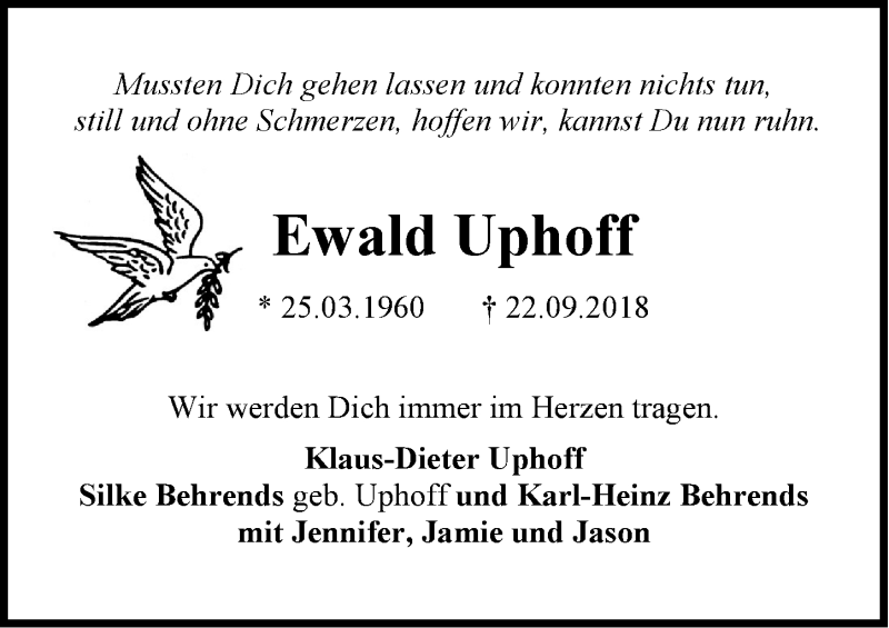  Traueranzeige für Ewald Uphoff vom 25.09.2018 aus Emder Zeitung