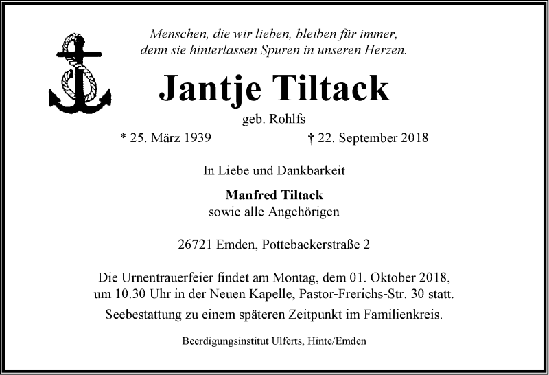  Traueranzeige für Jantje Tiltack vom 25.09.2018 aus Emder Zeitung