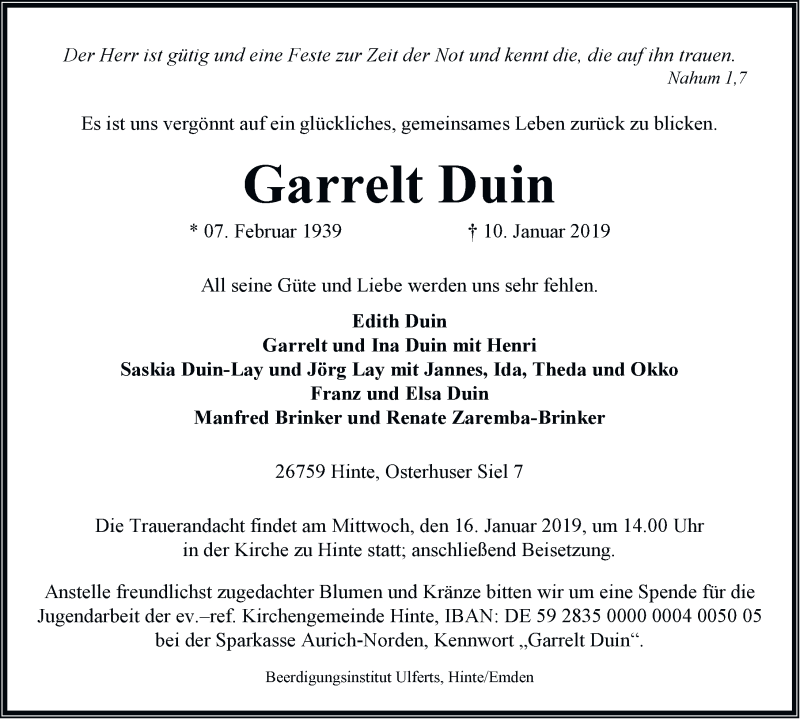  Traueranzeige für Garrelt Duin vom 12.01.2019 aus Emder Zeitung