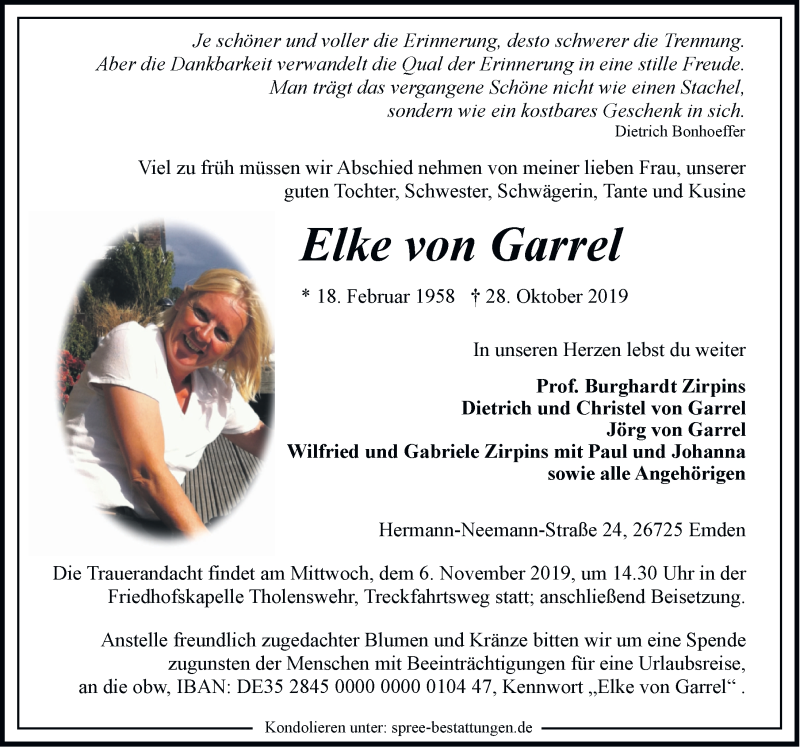  Traueranzeige für Elke von Garrel vom 30.10.2019 aus Emder Zeitung