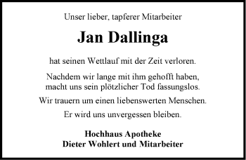 Traueranzeige von Jan Dallinga von Emder Zeitung
