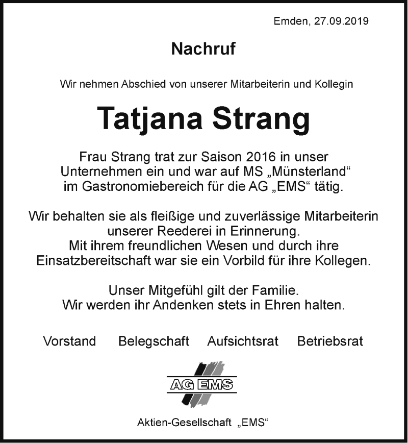  Traueranzeige für Tatjana Strang vom 01.10.2019 aus Emder Zeitung