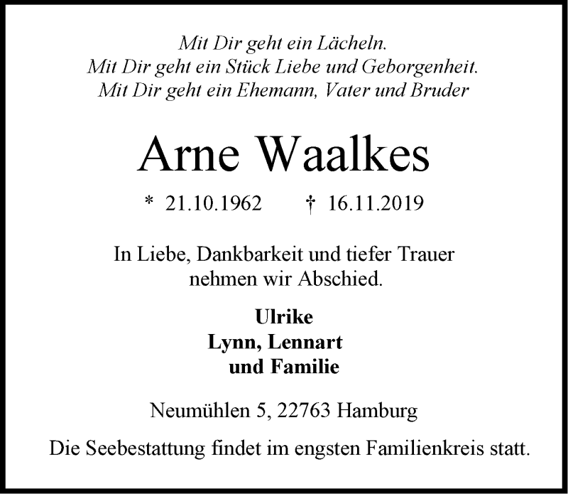  Traueranzeige für Arne Waalkes vom 20.11.2019 aus Emder Zeitung