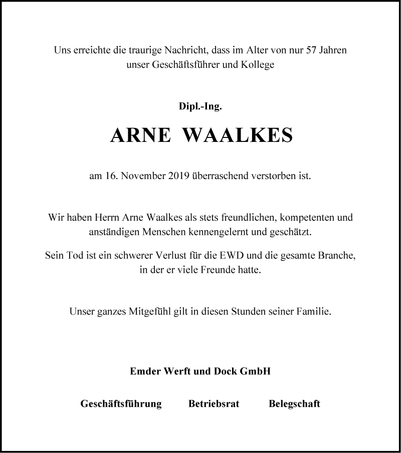  Traueranzeige für Arne Waalkes vom 21.11.2019 aus Emder Zeitung