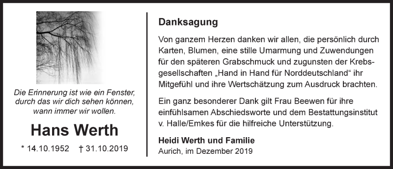  Traueranzeige für Hans Werth vom 21.12.2019 aus Emder Zeitung