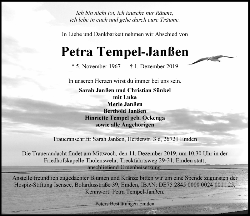  Traueranzeige für Petra Tempel-Janßen vom 04.12.2019 aus Emder Zeitung