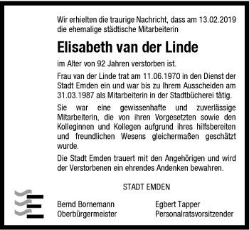 Traueranzeige von Elisabeth van der Linde von Emder Zeitung