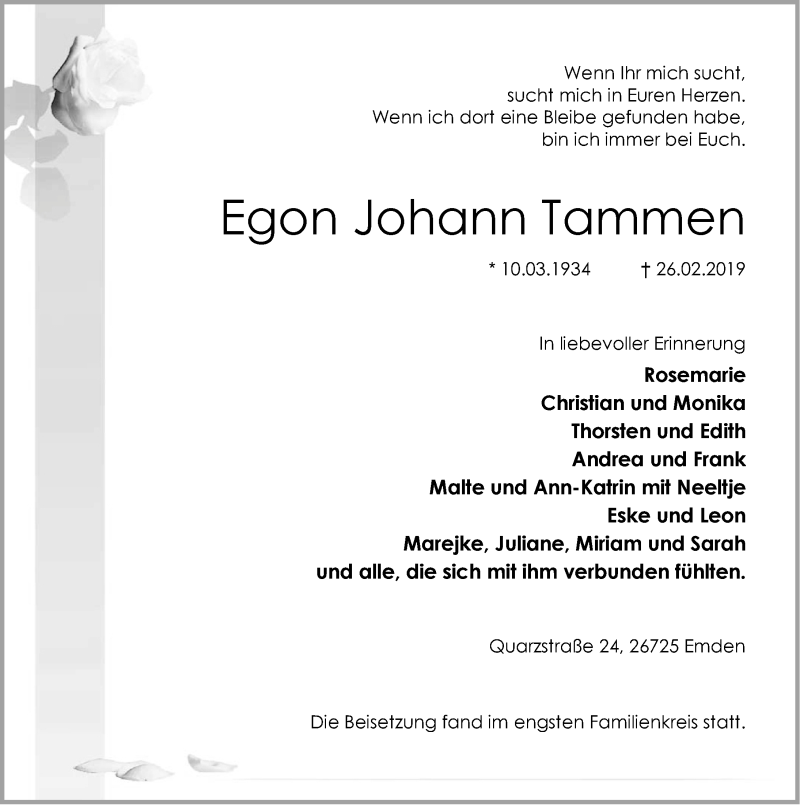  Traueranzeige für Egon Johann Tammen vom 09.03.2019 aus Emder Zeitung