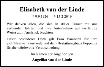 Traueranzeige von Elisabeth van der Linde von Emder Zeitung