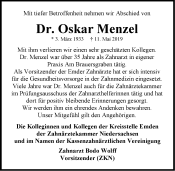 Traueranzeige von Oskar Menzel von Emder Zeitung