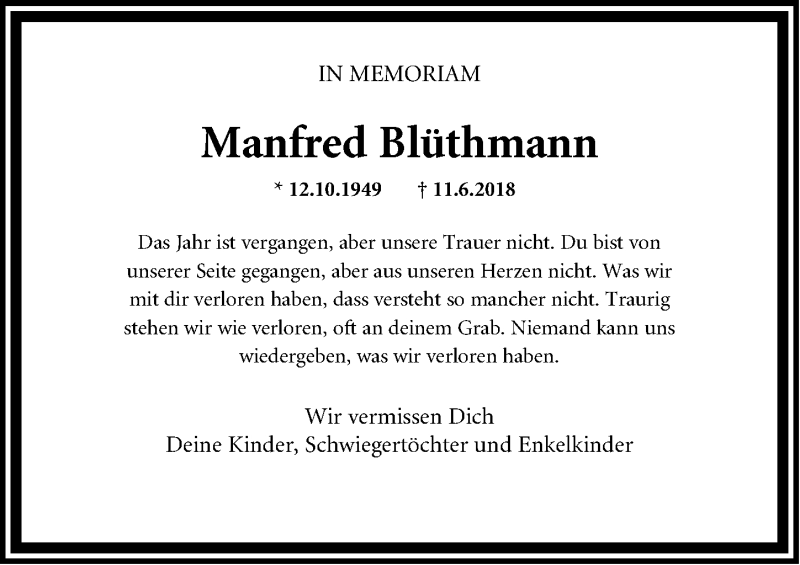  Traueranzeige für Manfred Blüthmann vom 11.06.2019 aus Emder Zeitung
