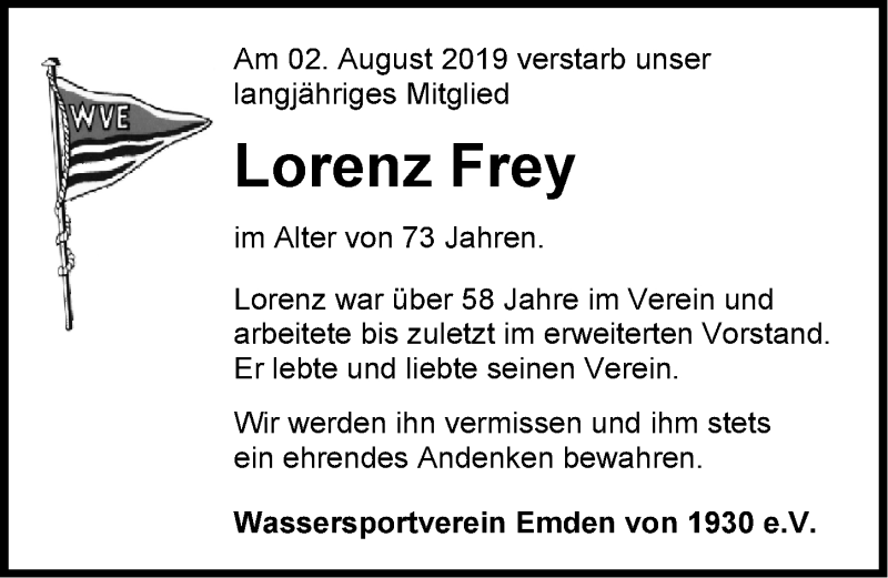  Traueranzeige für Lorenz Frey vom 06.08.2019 aus Emder Zeitung