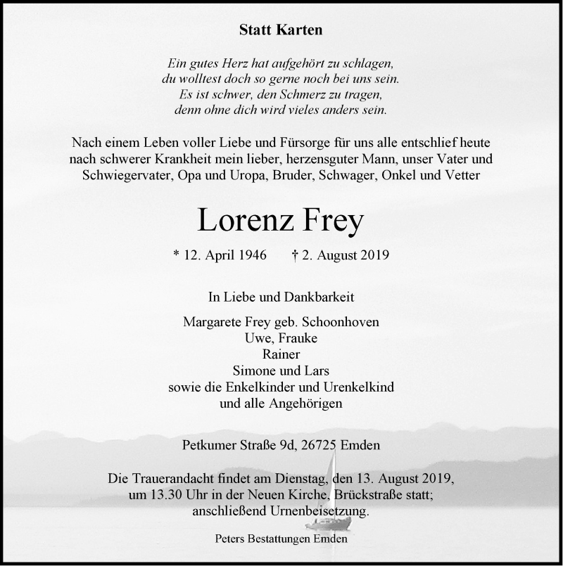  Traueranzeige für Lorenz Frey vom 05.08.2019 aus Emder Zeitung