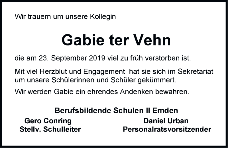  Traueranzeige für Gable ter Vehn vom 28.09.2019 aus Emder Zeitung
