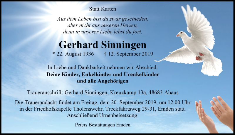  Traueranzeige für Gerhard Sinningen vom 14.09.2019 aus Emder Zeitung