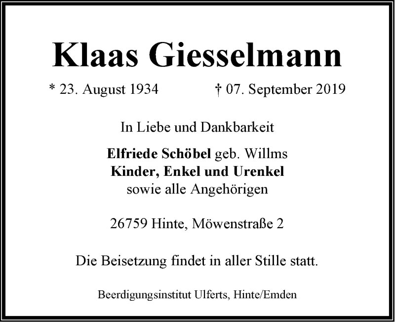  Traueranzeige für Klaas Giesselmann vom 10.09.2019 aus Emder Zeitung