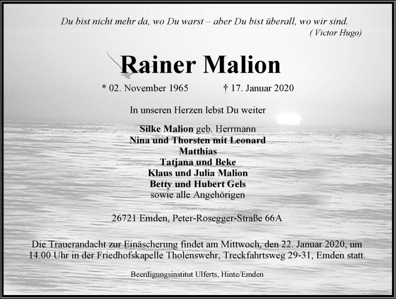  Traueranzeige für Rainer Malion vom 20.01.2020 aus Emder Zeitung GmbH & Co. KG