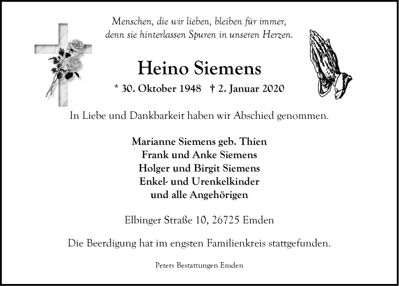  Traueranzeige für Heino Siemens vom 10.01.2020 aus Emder Zeitung