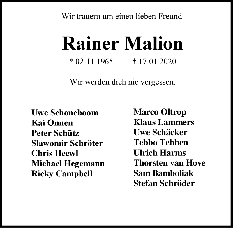  Traueranzeige für Rainer Malion vom 21.01.2020 aus Emder Zeitung