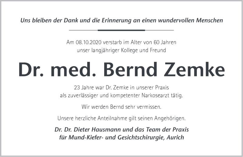  Traueranzeige für Bernd Zemke vom 24.10.2020 aus Emder Zeitung
