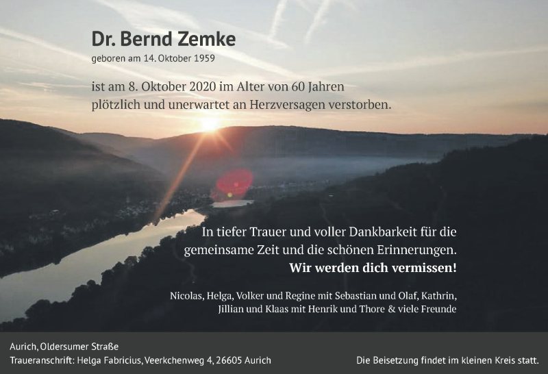  Traueranzeige für Bernd Zemke vom 14.10.2020 aus Emder Zeitung