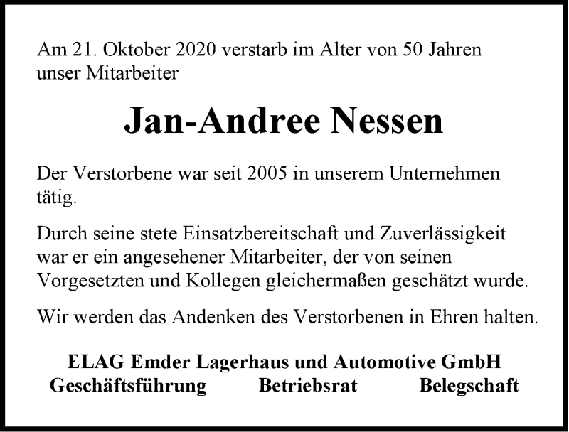  Traueranzeige für Jan-Andree Nessen vom 27.10.2020 aus Emder Zeitung