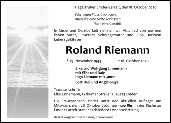Traueranzeige von Roland Riemann von Emder Zeitung