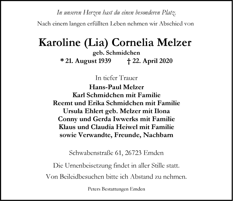  Traueranzeige für Karoline Lia Cornelia Melzer vom 25.04.2020 aus Emder Zeitung
