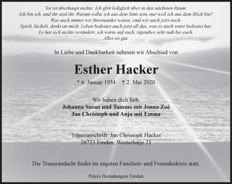  Traueranzeige für Esther Hacker vom 09.05.2020 aus Emder Zeitung
