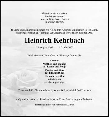 Traueranzeige von Heinrich Kehrbach von Emder Zeitung