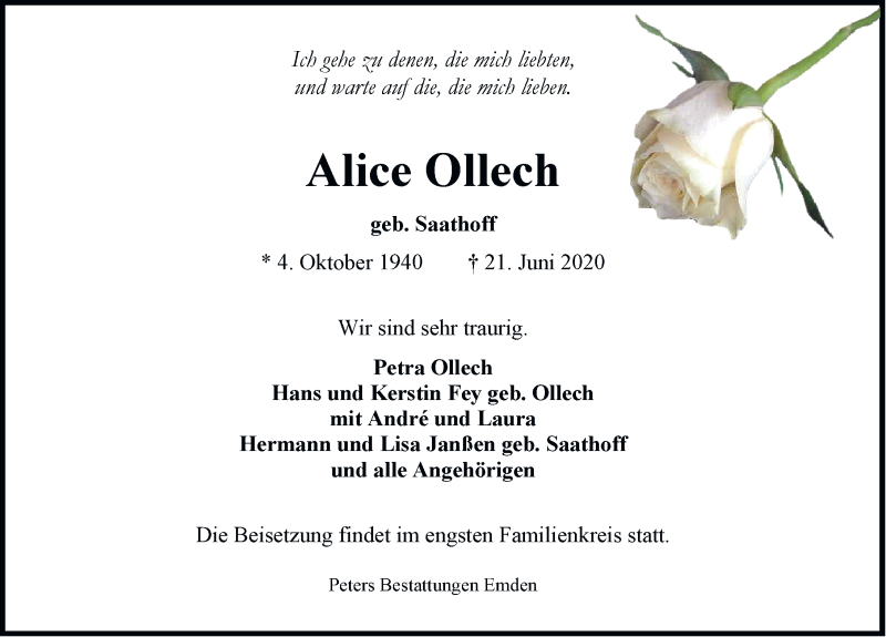  Traueranzeige für Alice Ollech vom 23.06.2020 aus Emder Zeitung