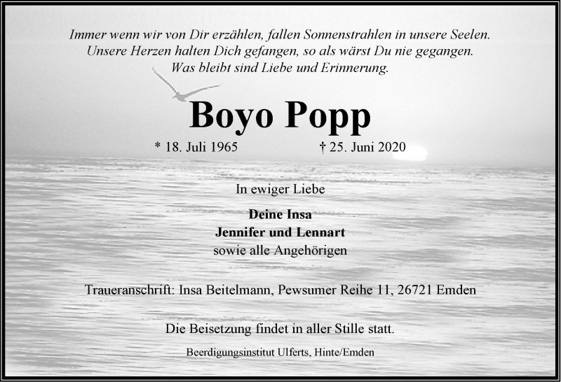 Traueranzeige für Boyo Popp vom 27.06.2020 aus Emder Zeitung
