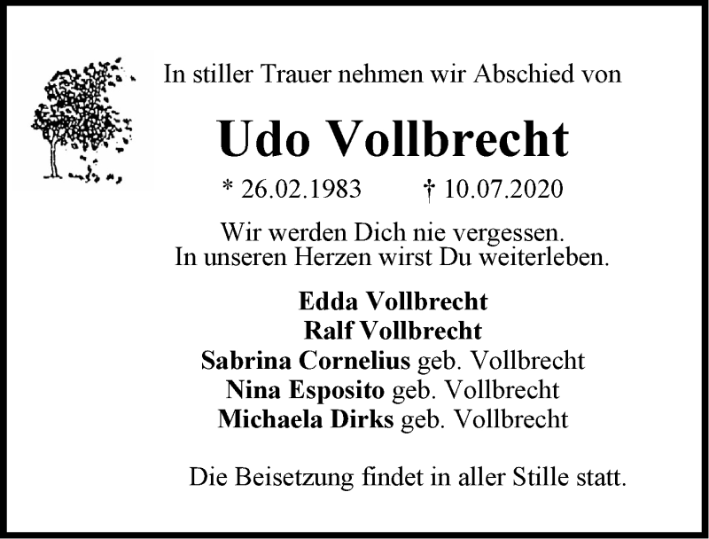  Traueranzeige für Udo Vollbrecht vom 16.07.2020 aus Emder Zeitung