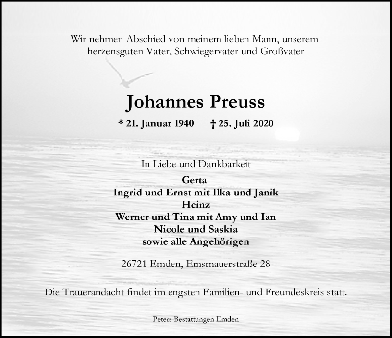  Traueranzeige für Johannes Preuss vom 01.08.2020 aus Emder Zeitung