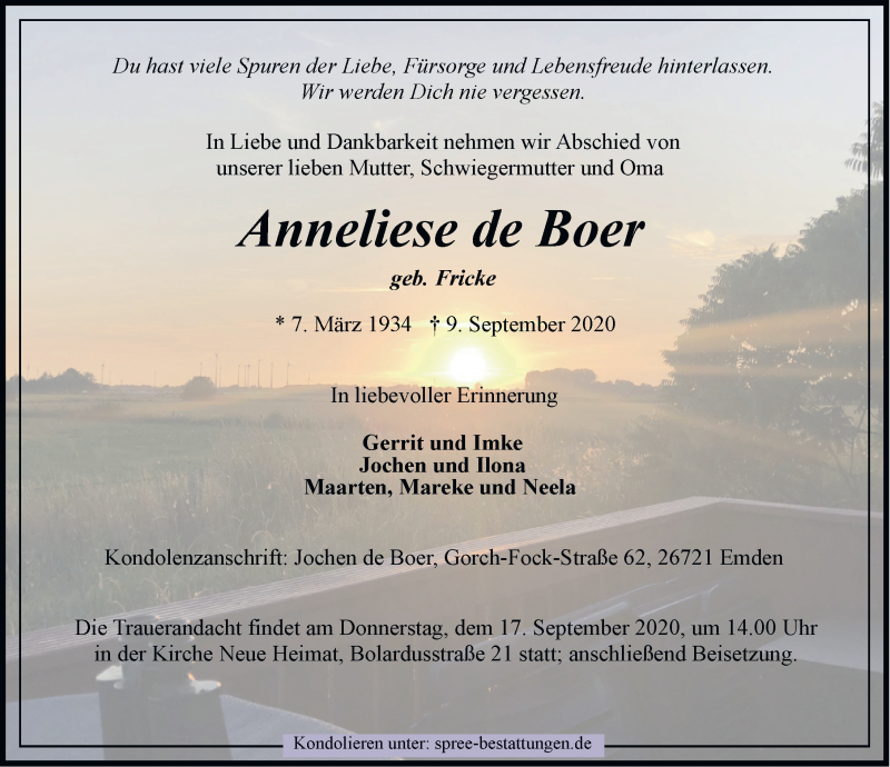  Traueranzeige für Anneliese de Boer vom 11.09.2020 aus Emder Zeitung